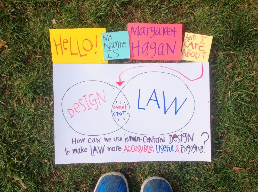 A hand-drawn poster lying on grass. Colorful sticky notes read: Hello, my name is Margaret Hagan, and I care about. Below, two overlapping circles labeled Design and Law meet at a marked sweet spot, with the question: How can we use human-centered design to make law more accessible, useful, and engaging?
